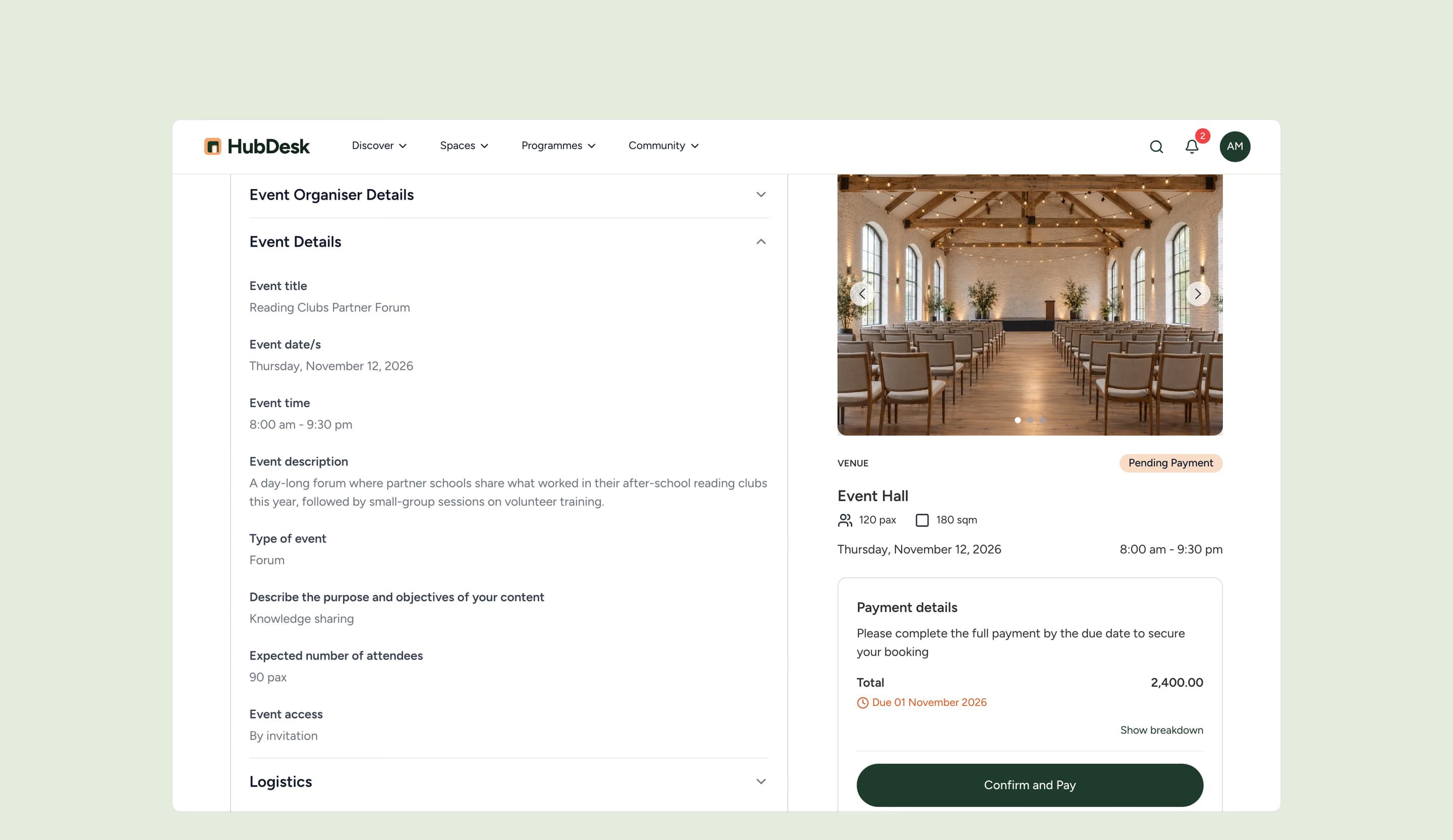 A booking after staff approval: Pending Payment, the total, the due date and Confirm and Pay.