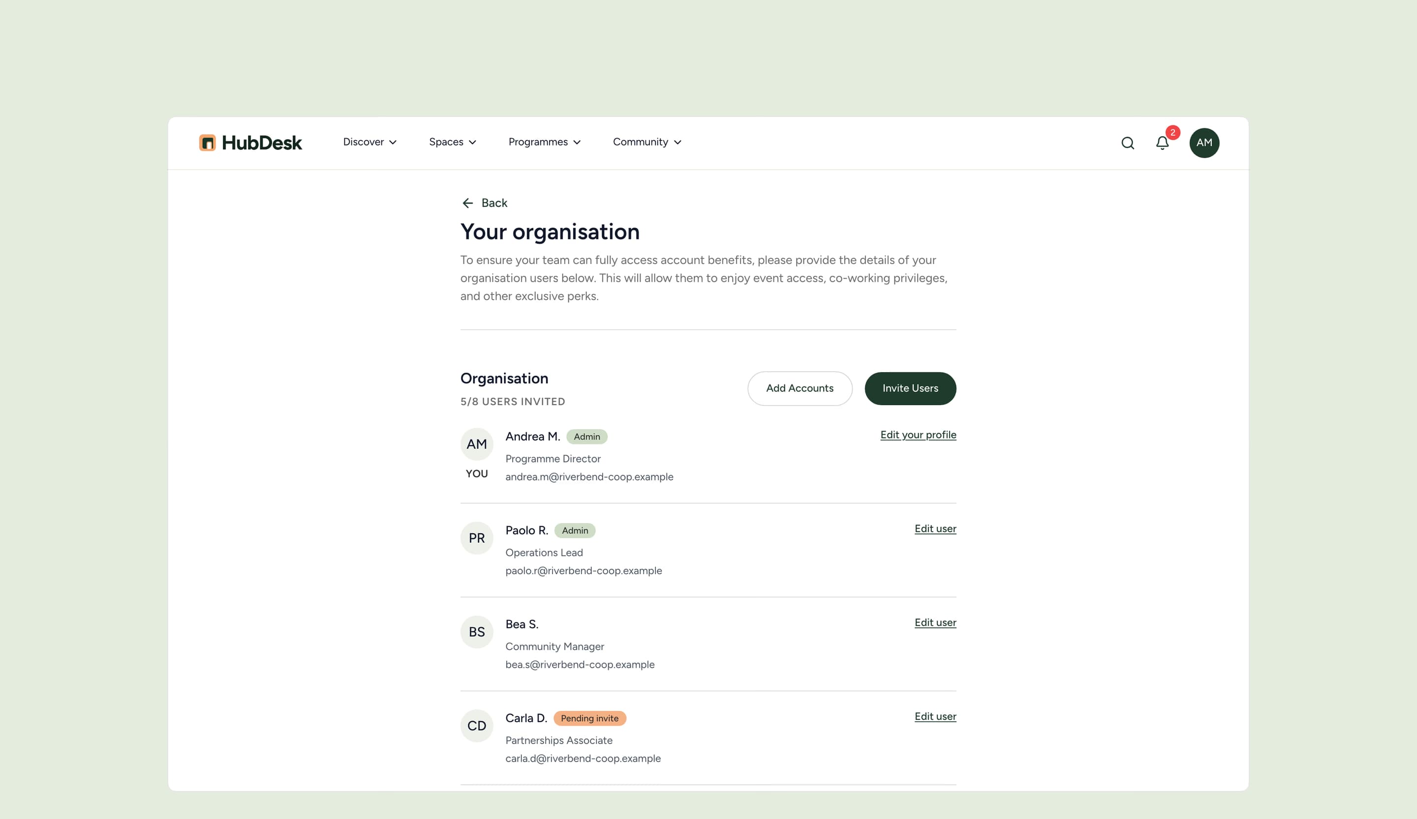 Your organisation: five of eight users invited, Add Accounts and Invite Users, the admins and a pending invite.