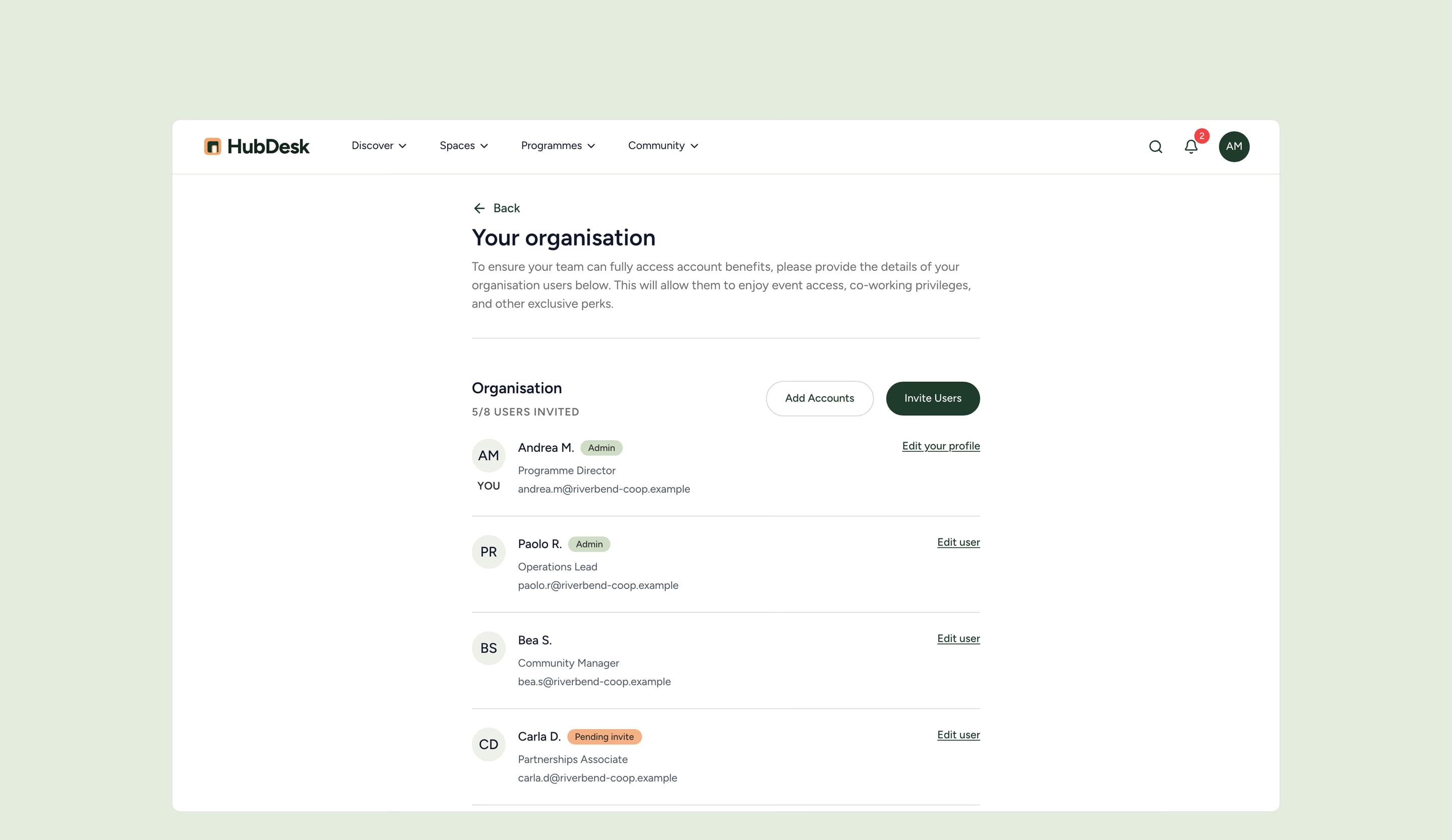 Your organisation: five of eight users invited, Add Accounts and Invite Users, the admins and a pending invite.