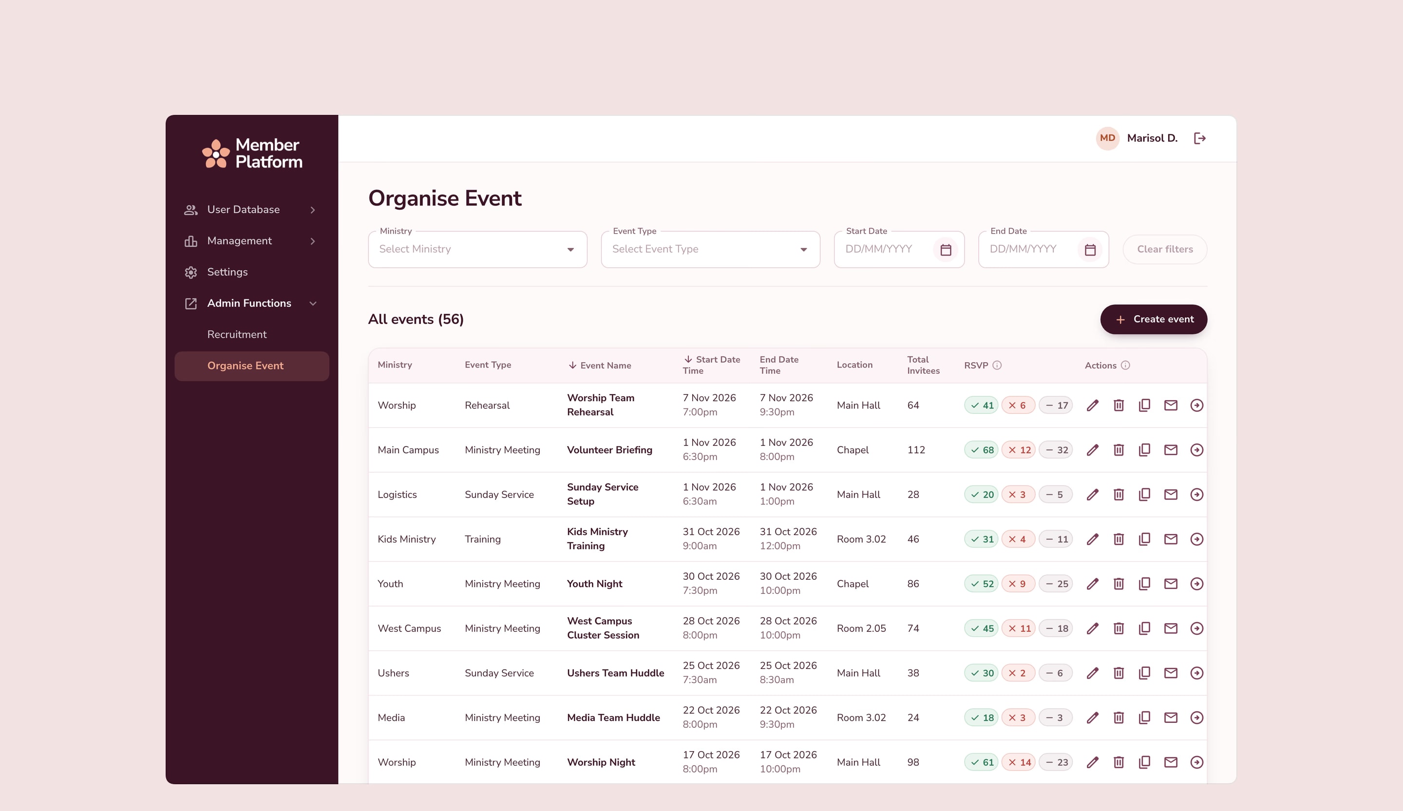 Organise Event: events filtered by ministry, event type and date, each with its ministry, type, times, location, invitees and RSVP counts, and Create event.