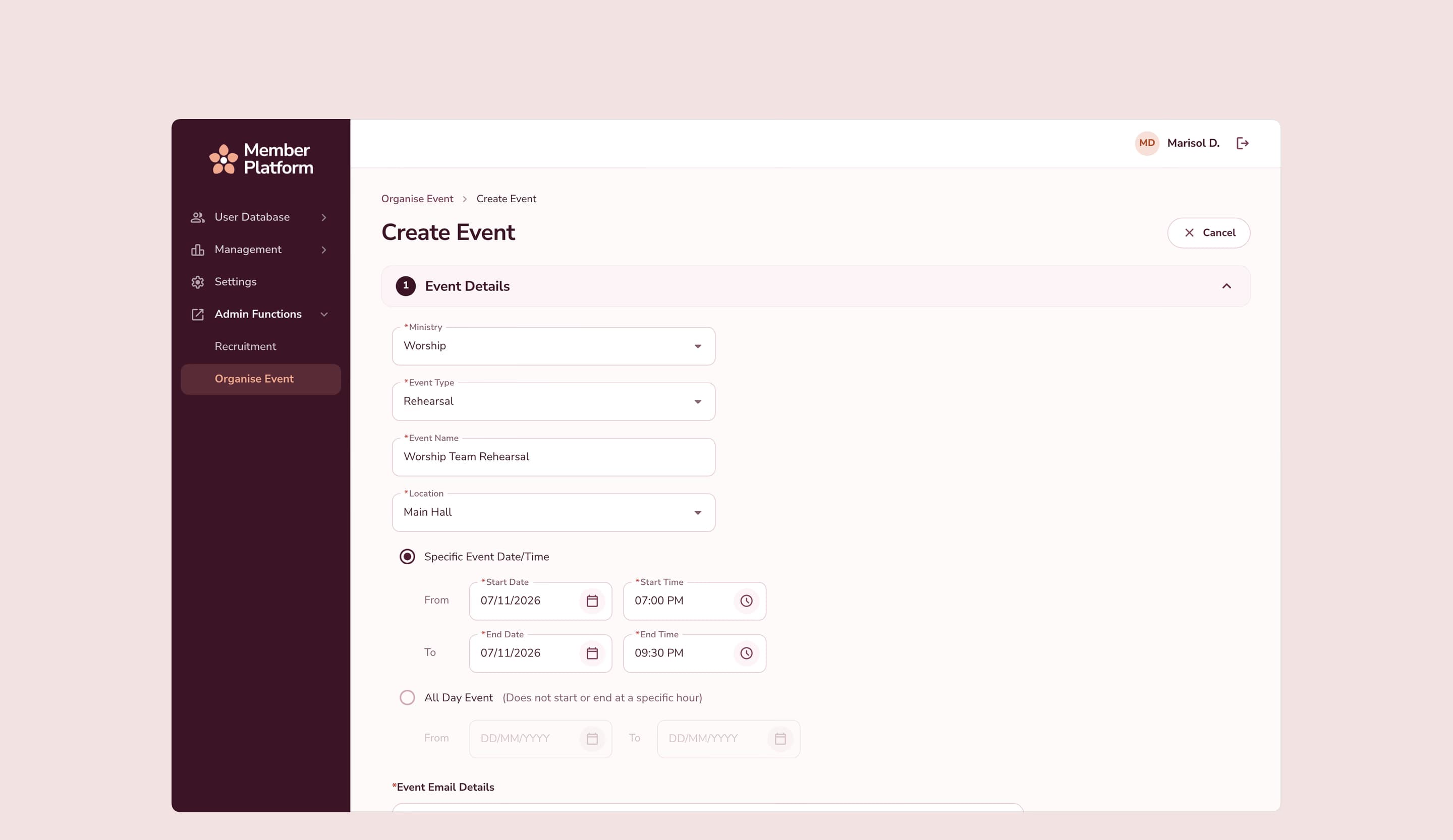 Creating an event, step one: ministry, event type, name and location, with its dates and times or an all-day option.