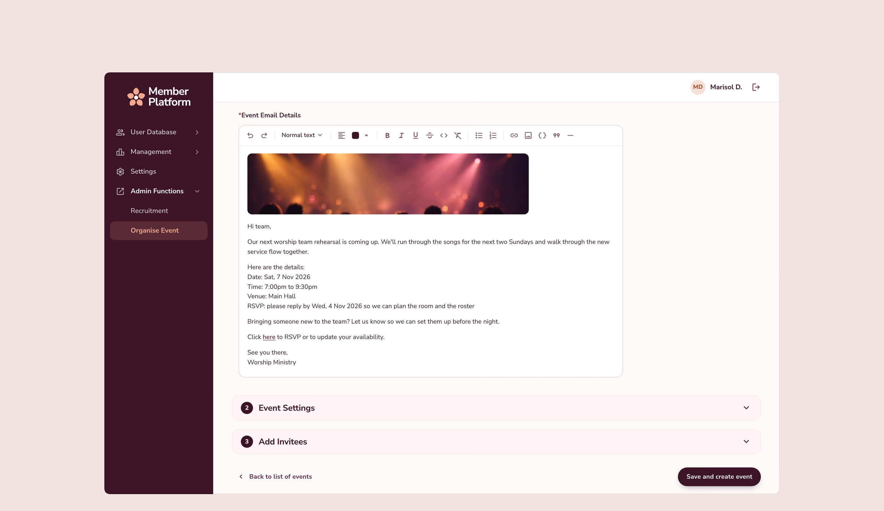 The event’s invitation email in a rich-text editor with a banner image, above the event settings and invitee steps, and Save and create event.