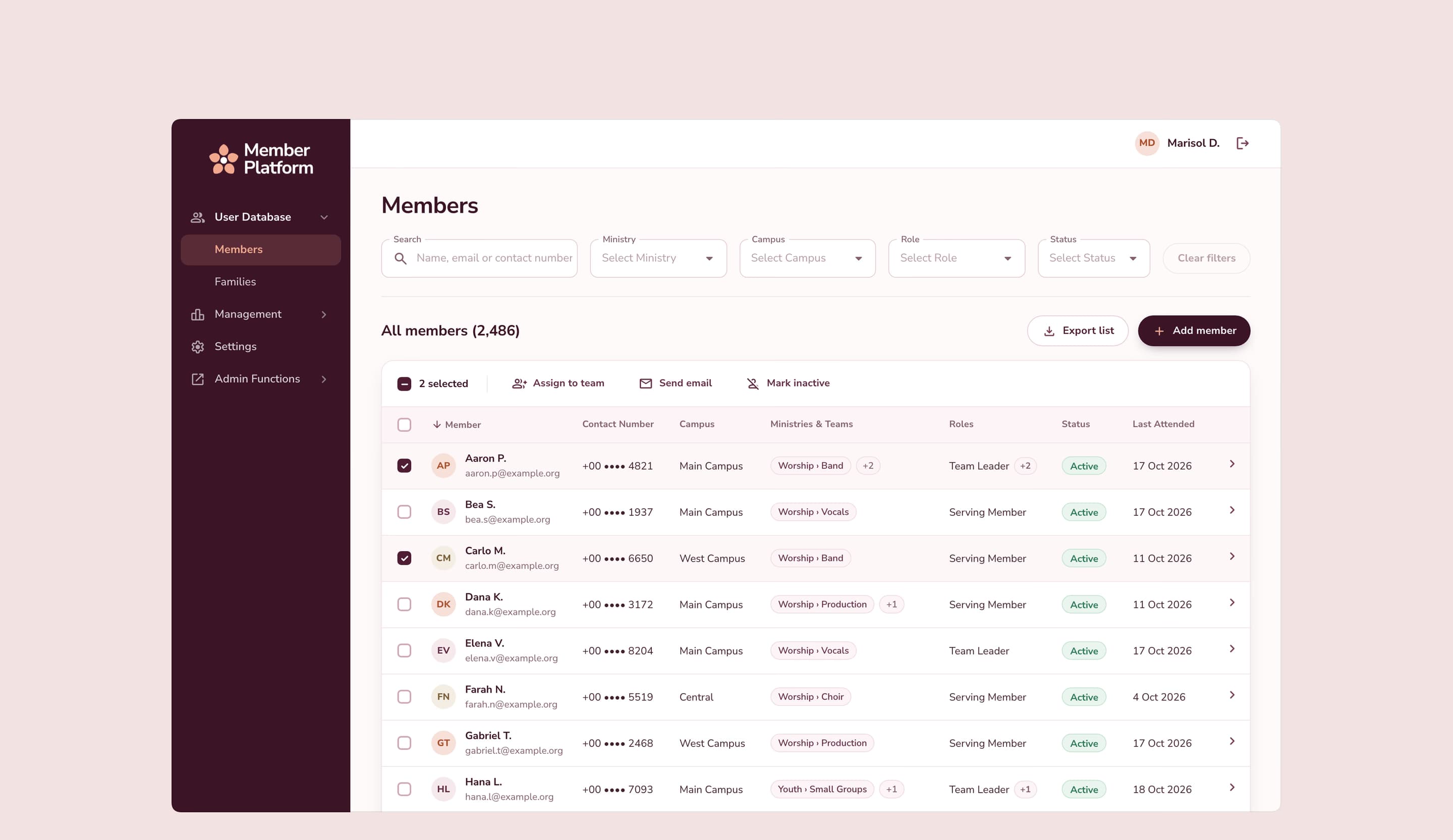 The member directory: search and filters by ministry, campus, role and status, each member’s teams, roles, status and last attendance, and actions for the selected members.
