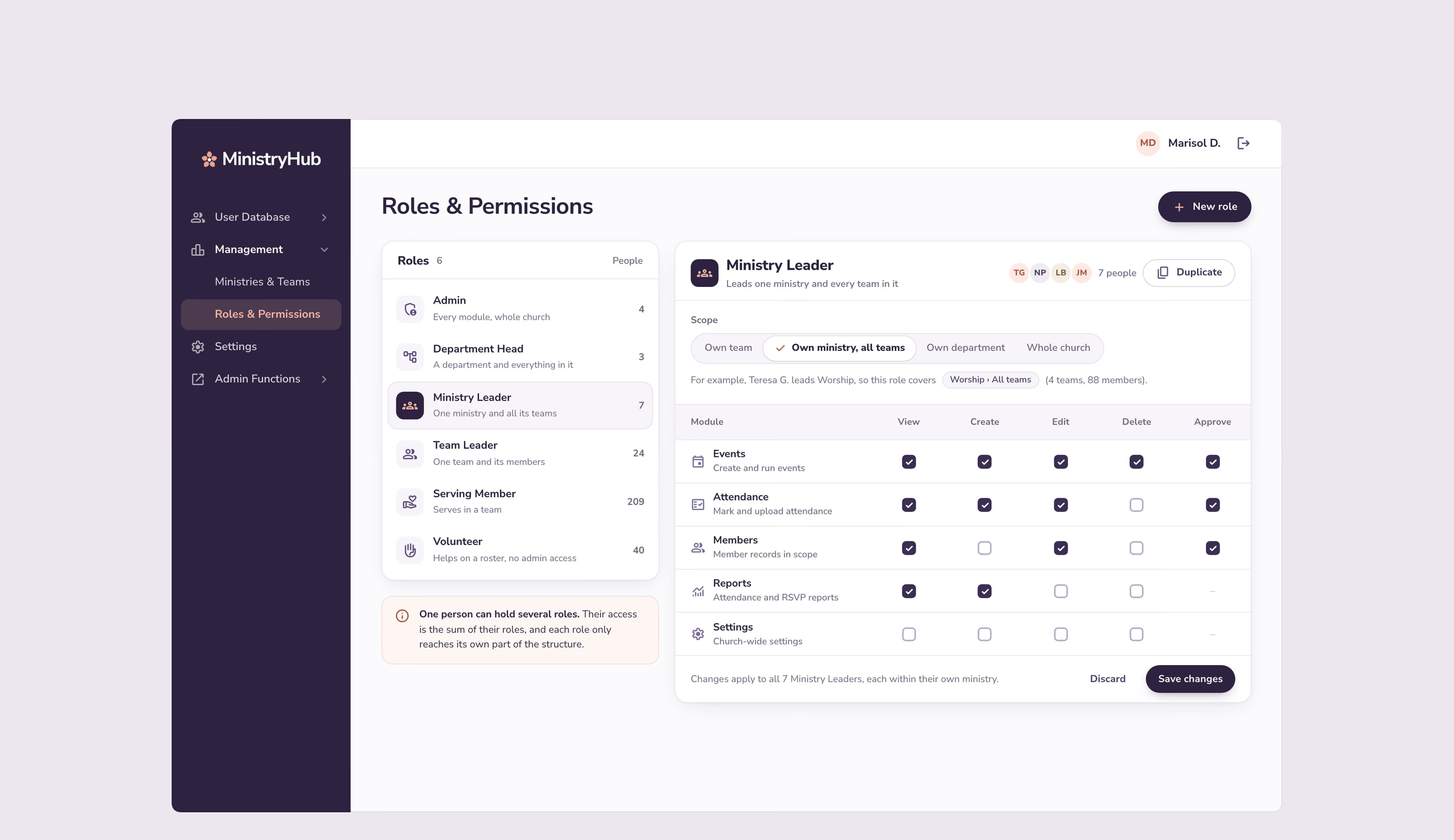 Roles and permissions: each role with how many people hold it, and one role’s scope and its view, create, edit, delete and approve rights for each module.