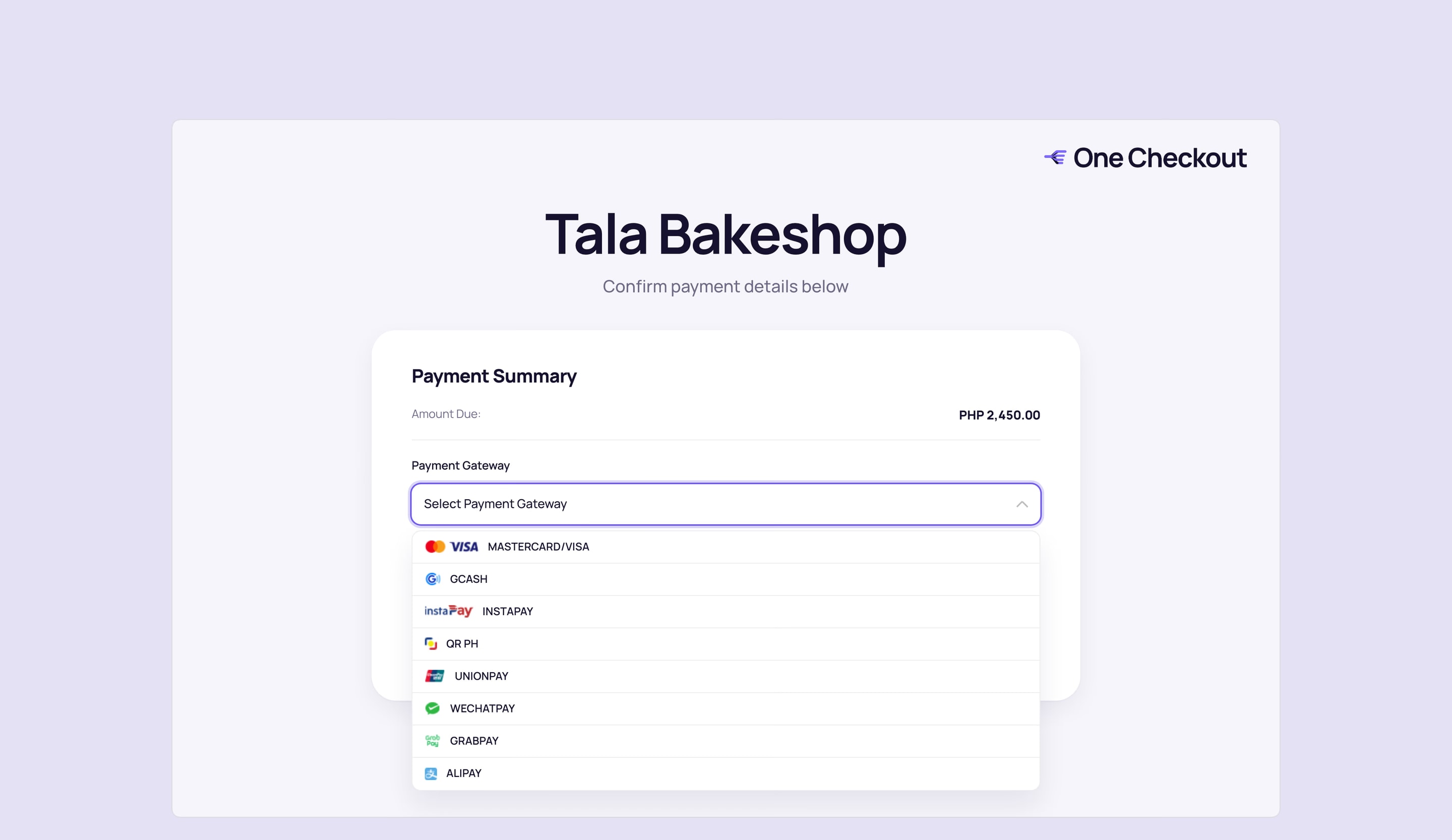 Hosted checkout for a merchant’s order, with the gateway list open on eight ways to pay: Mastercard and Visa, GCash, InstaPay, QR Ph, UnionPay, WeChat Pay, GrabPay and Alipay.