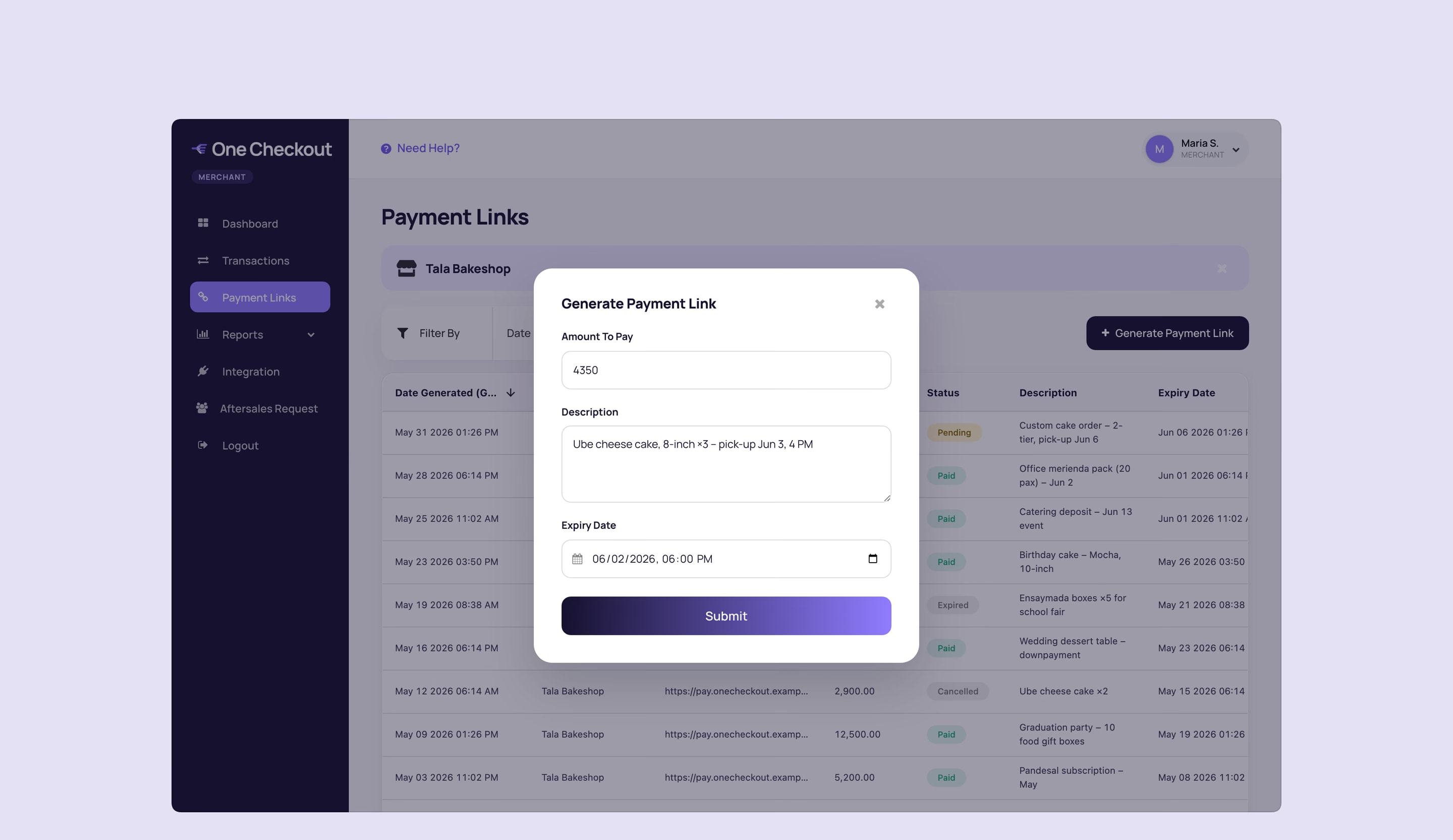 The merchant’s payment links, with the Generate Payment Link form filled in: amount, description and expiry.