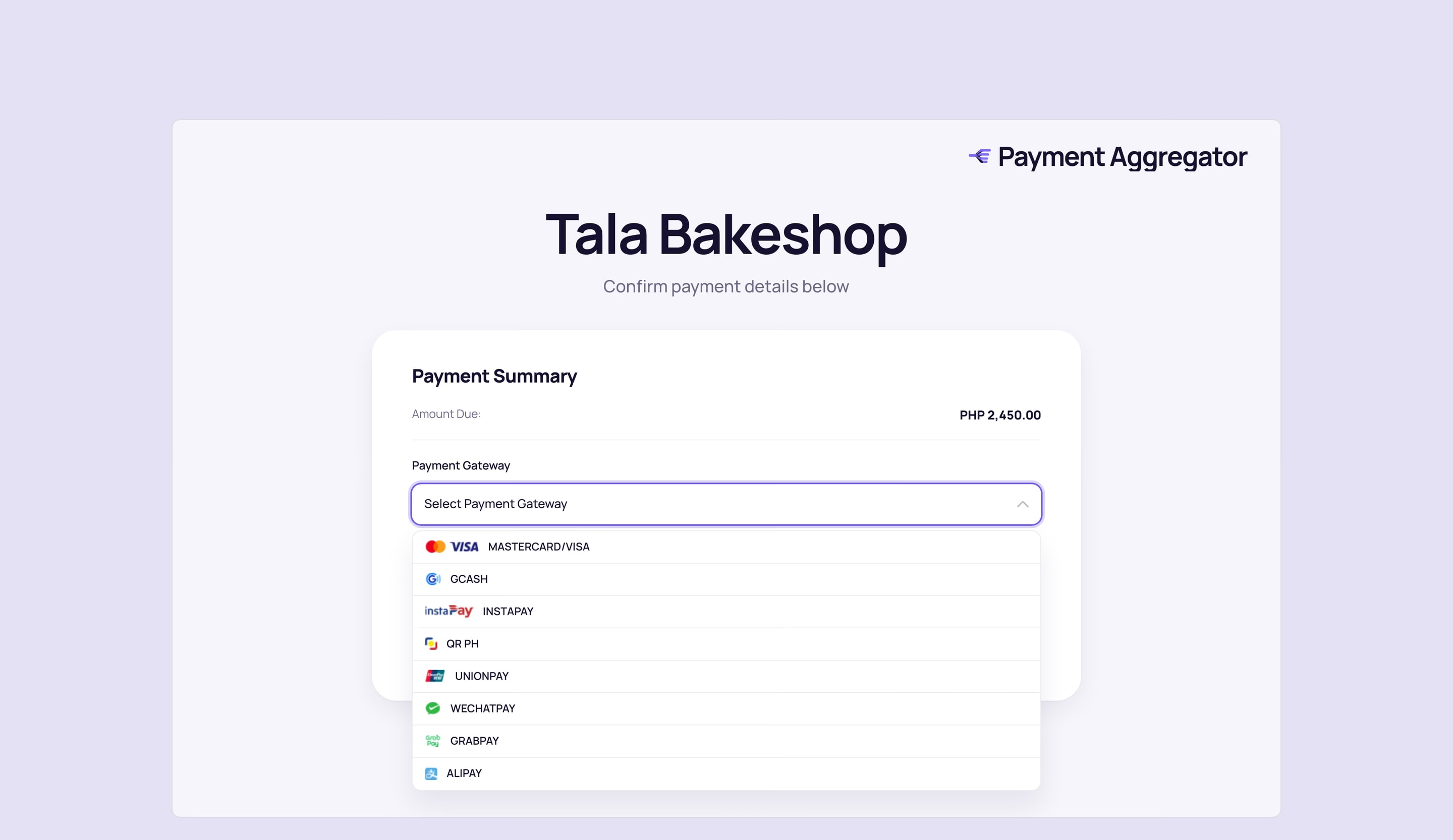 Hosted checkout for a merchant’s order, with the gateway list open on eight ways to pay: Mastercard and Visa, GCash, InstaPay, QR Ph, UnionPay, WeChat Pay, GrabPay and Alipay.
