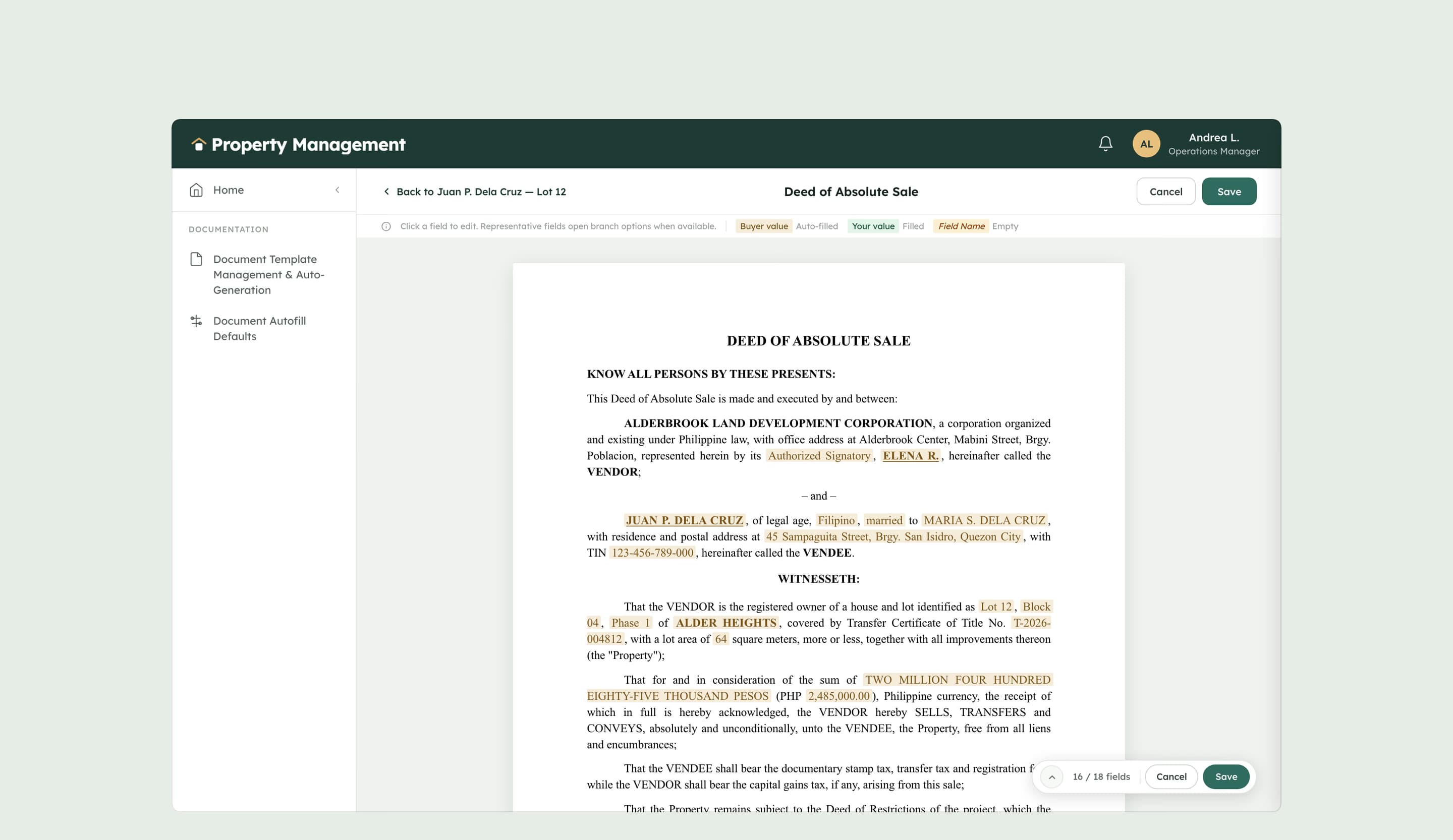 A deed of absolute sale in the document editor, its buyer and property fields filled in from the buyer’s record and highlighted, 16 of 18 fields done.