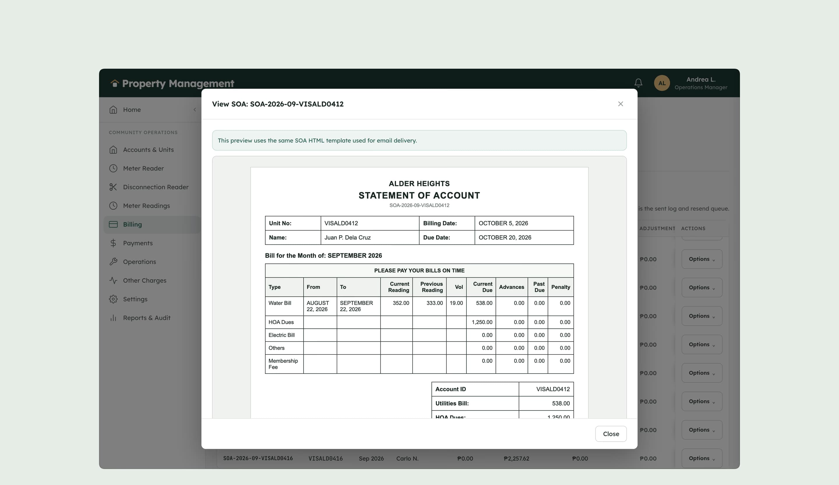 A homeowner’s statement of account for September: water used between two meter readings and the HOA dues, the same statement the homeowner gets by email.