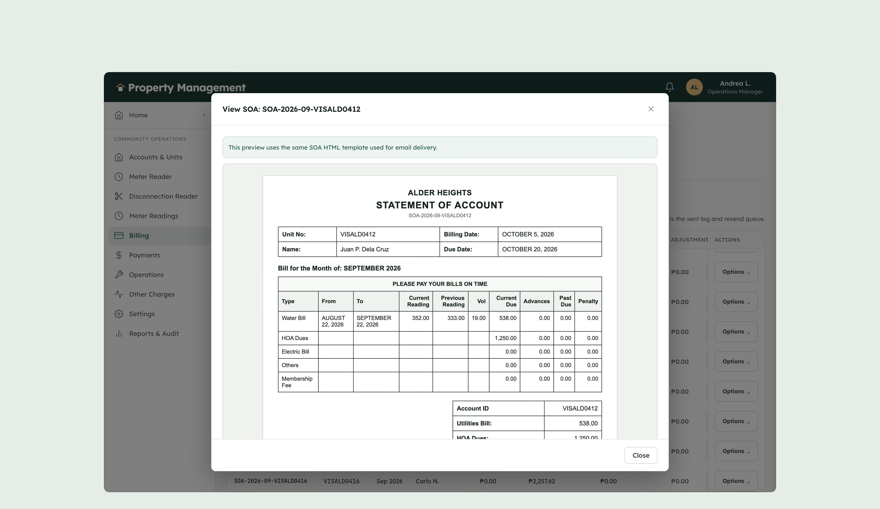 A homeowner’s statement of account for September: water used between two meter readings and the HOA dues, the same statement the homeowner gets by email.