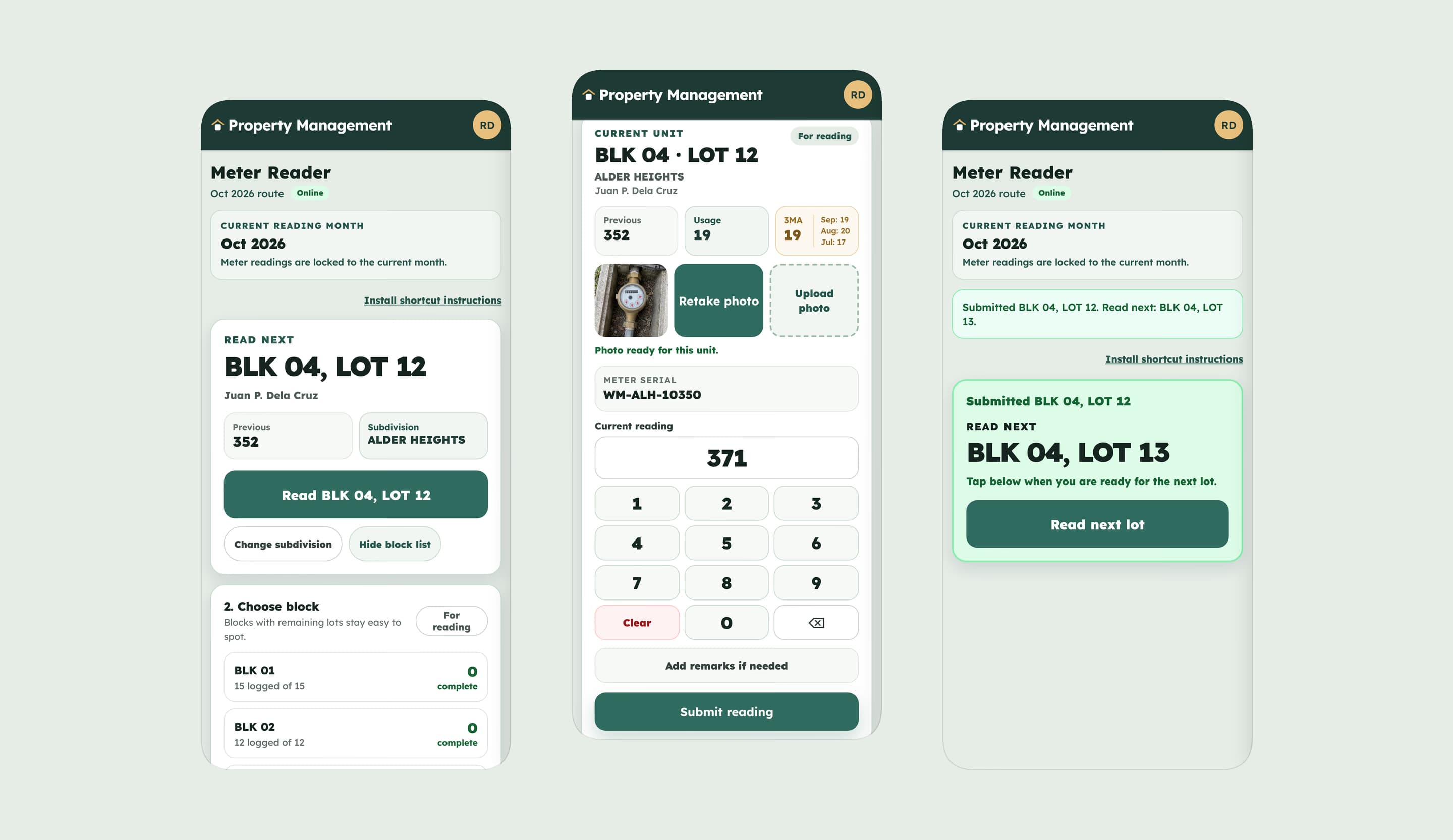 The meter reader’s route on three phones: the next unit to read, the reading keyed in beside the meter photo and the three-month average, and the reading submitted.