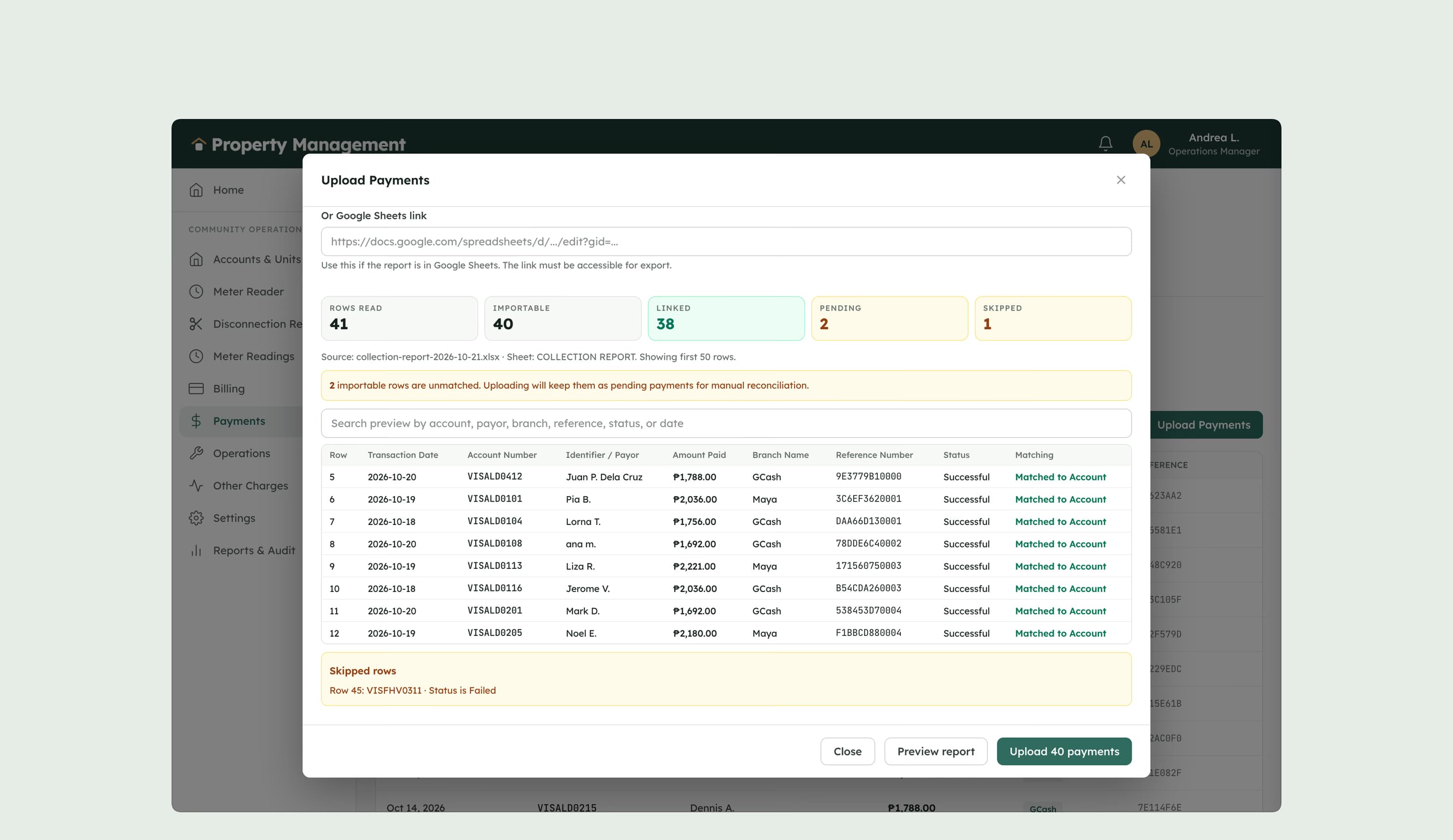Uploading a GCash and Maya collection report: each payment with its channel and reference, matched to an account, and the counts of linked, pending and skipped rows.