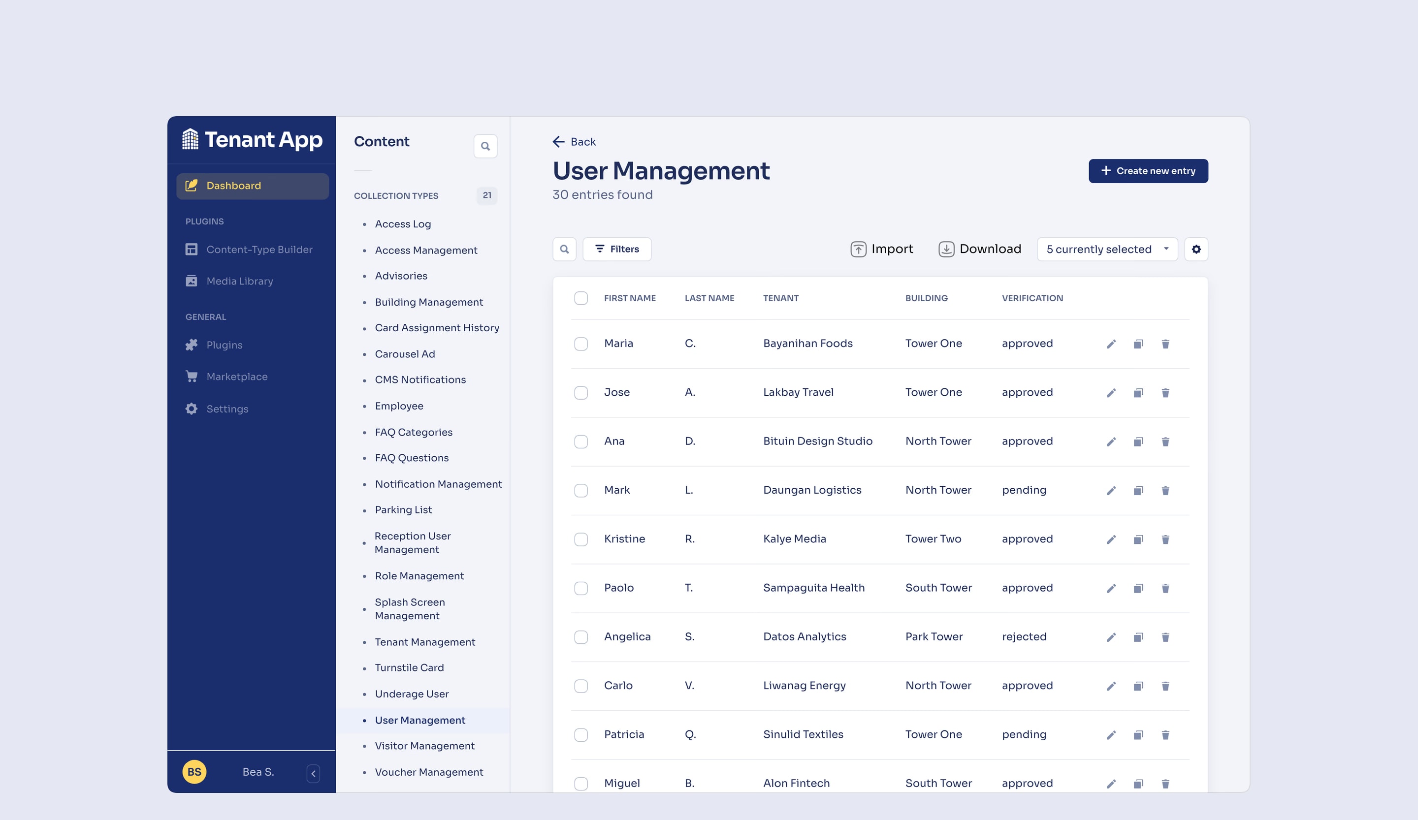 User Management: the tenants’ app users with their tenant, building and verification status, and Import and Download buttons.