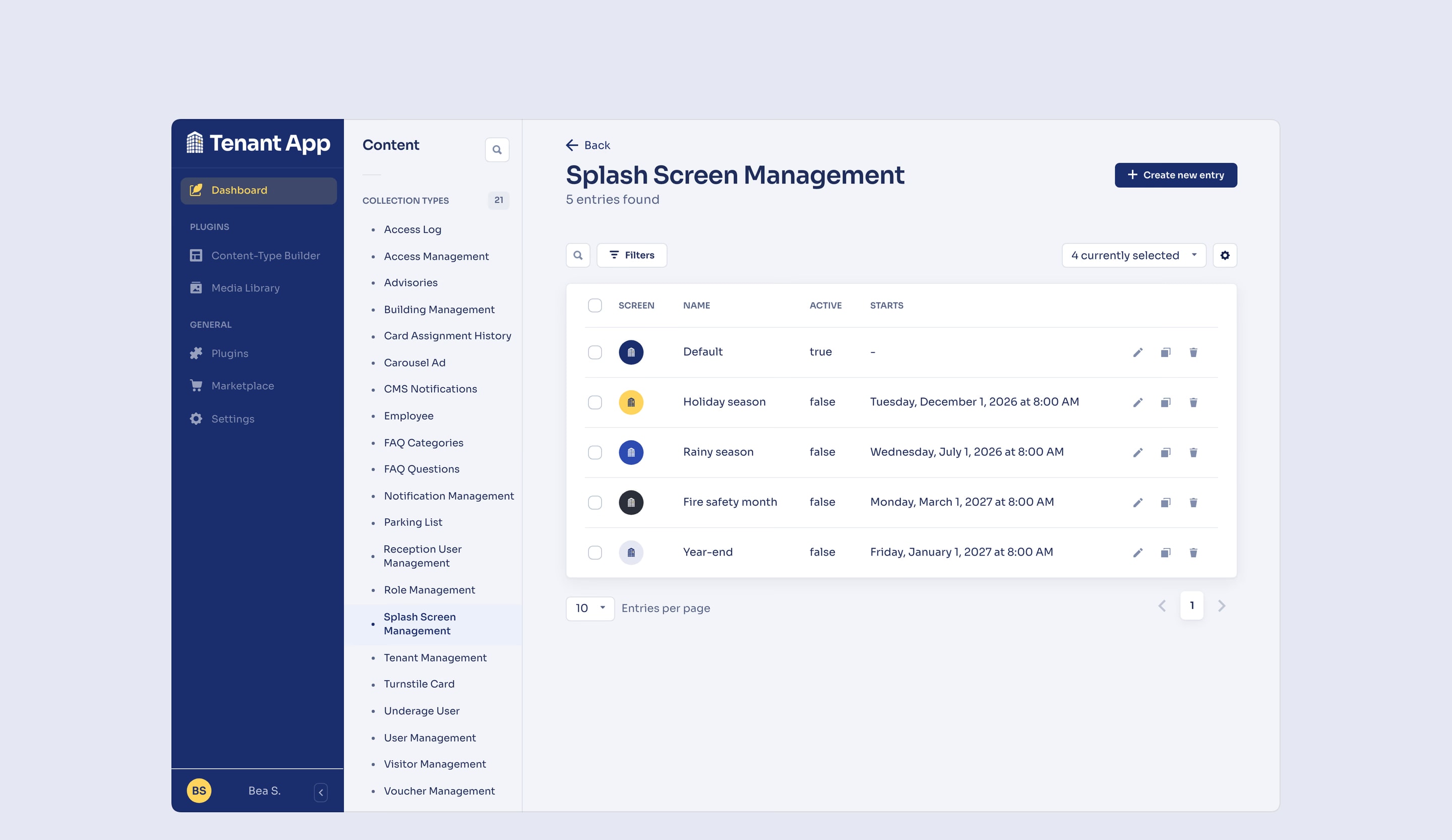 Splash Screen Management: the app’s splash screens, the active default and the scheduled seasonal ones.