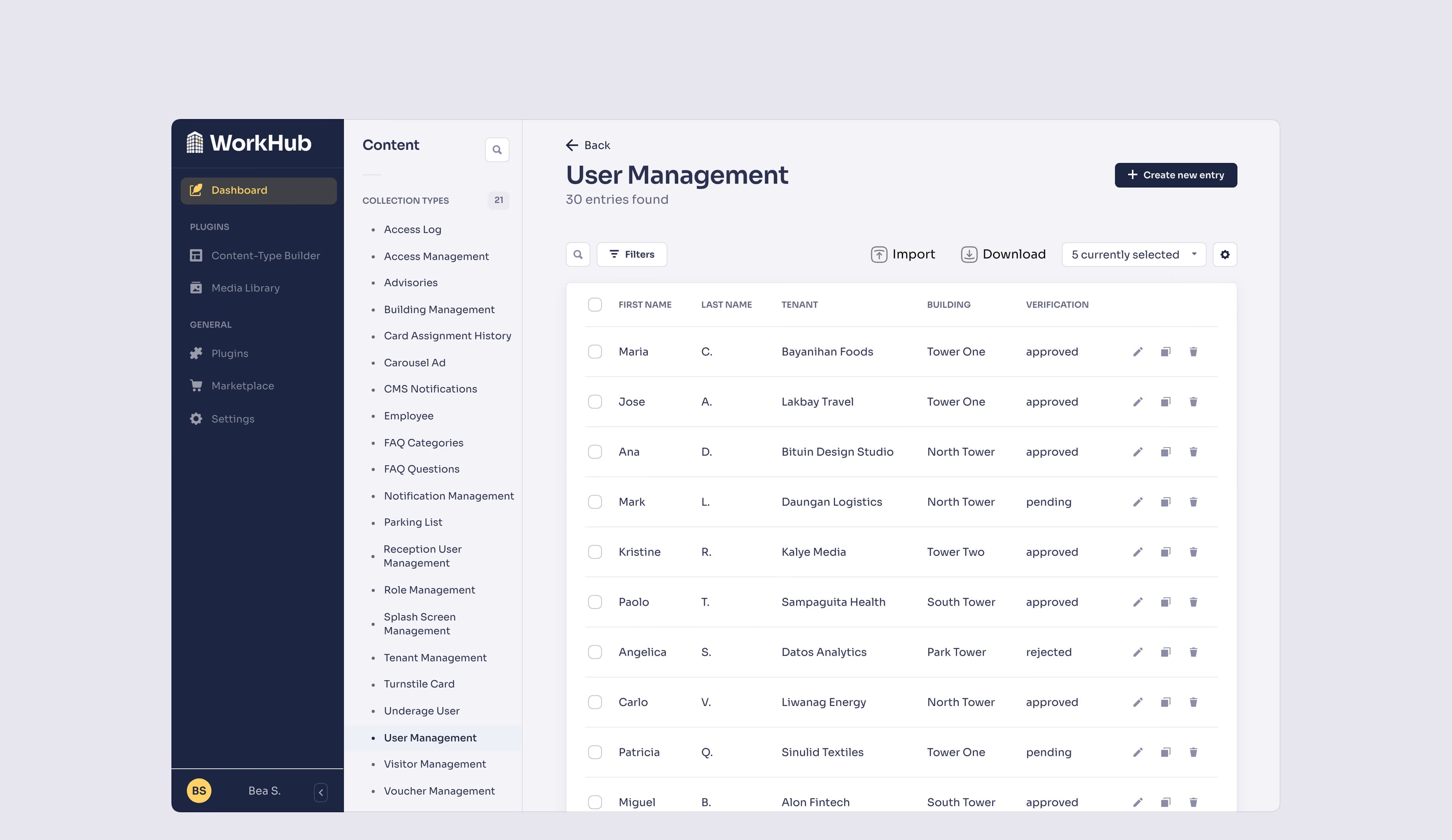 User Management: the tenants’ app users with their tenant, building and verification status, and Import and Download buttons.