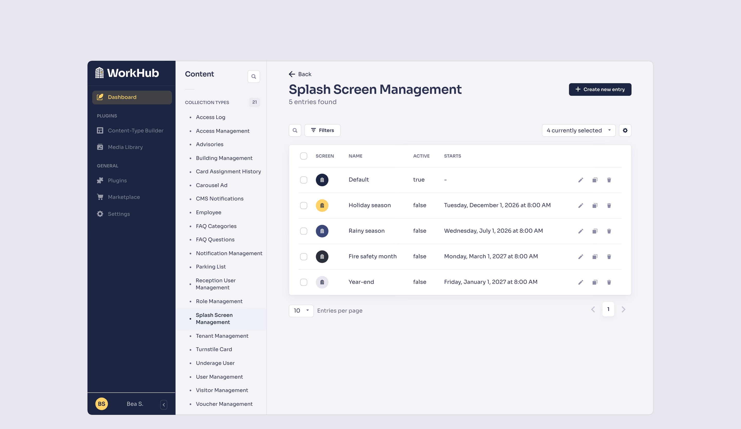 Splash Screen Management: the app’s splash screens, the active default and the scheduled seasonal ones.