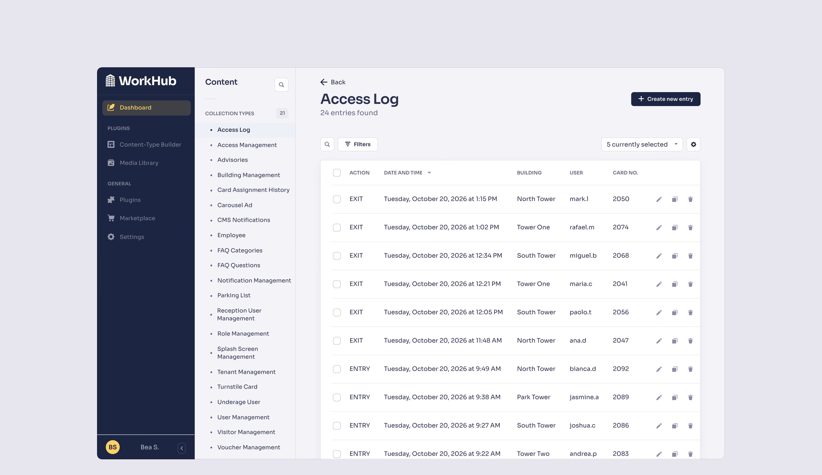 Access Log: turnstile entries and exits by building, user and card.